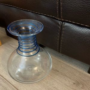 Signed Blenko Clear Vase w/ Applied Blue Swirls. Excellent Condition.